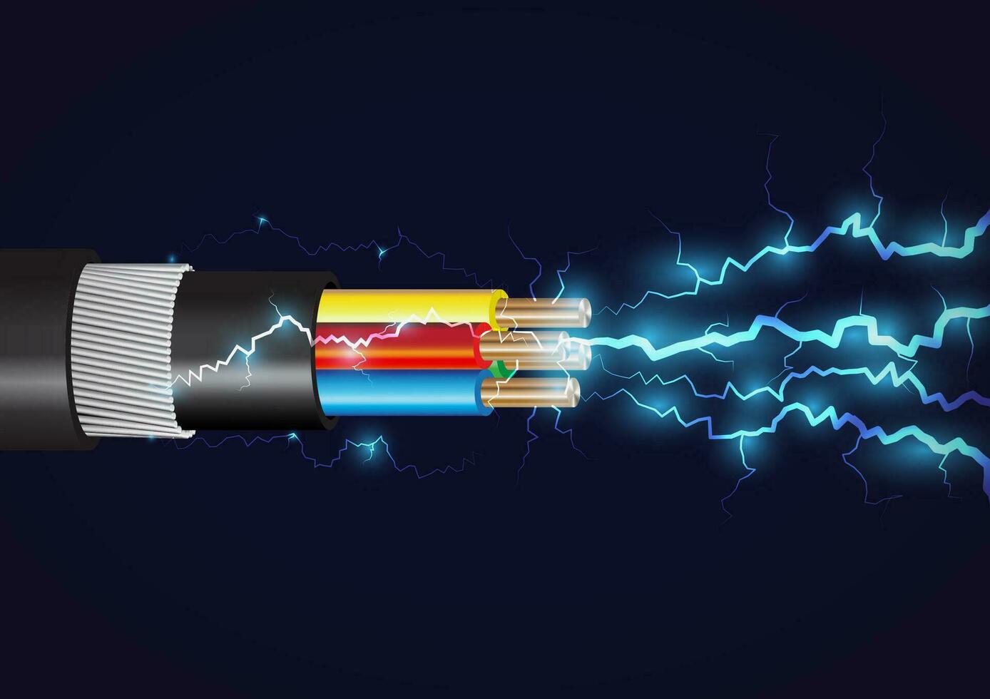 Electrical cable with copper wires, power equipment of energy industry. Vector realistic cable break or disconnect with electric discharge and sparks between stripped conductors.