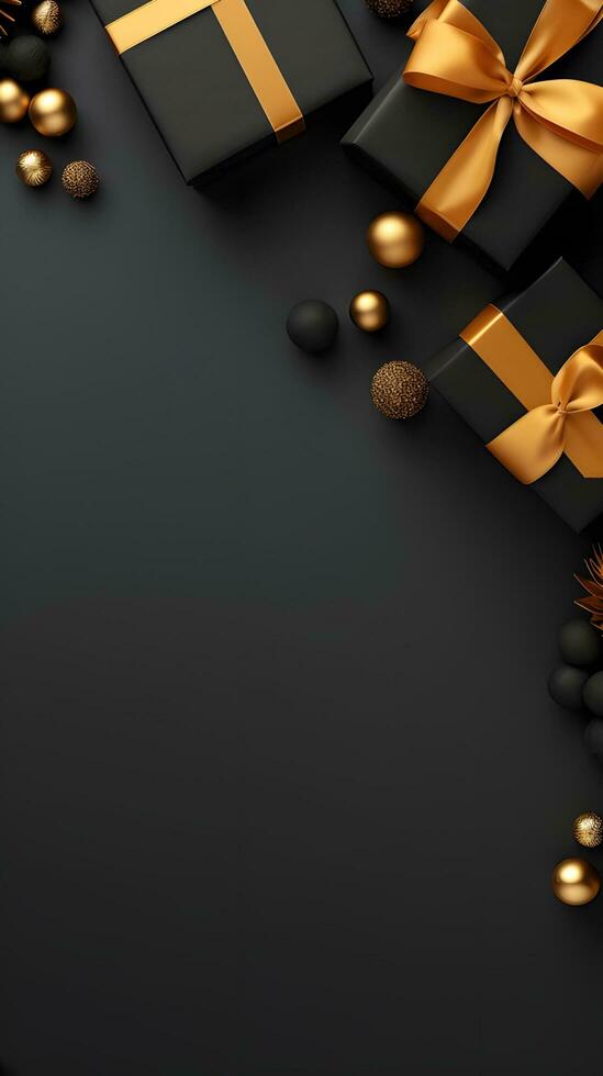 Black and Gold Christmas Presents and Ornaments on Dark Background photo