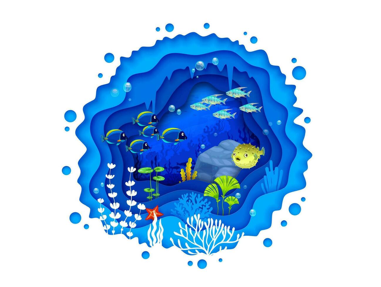 Cartoon tropical shoal and puffer fish, paper cut vector