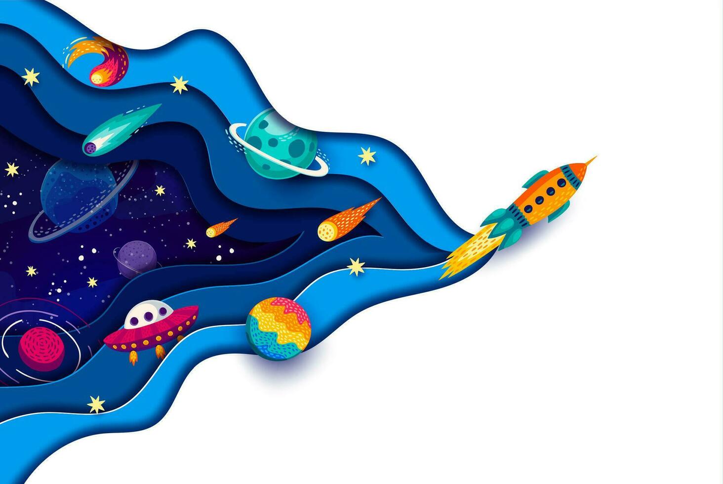 Cartoon paper cut space poster with rocket launch vector