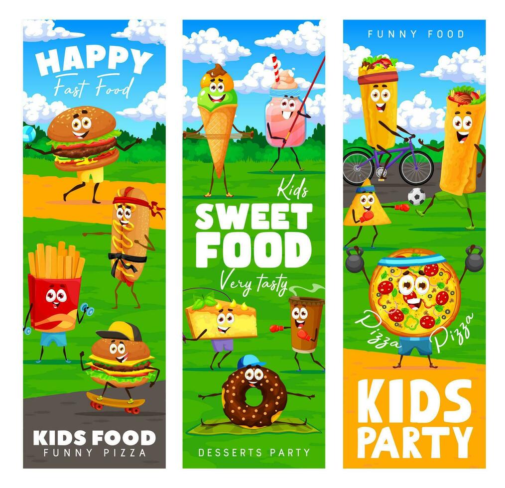 Cartoon fastfood characters on sports banner vector