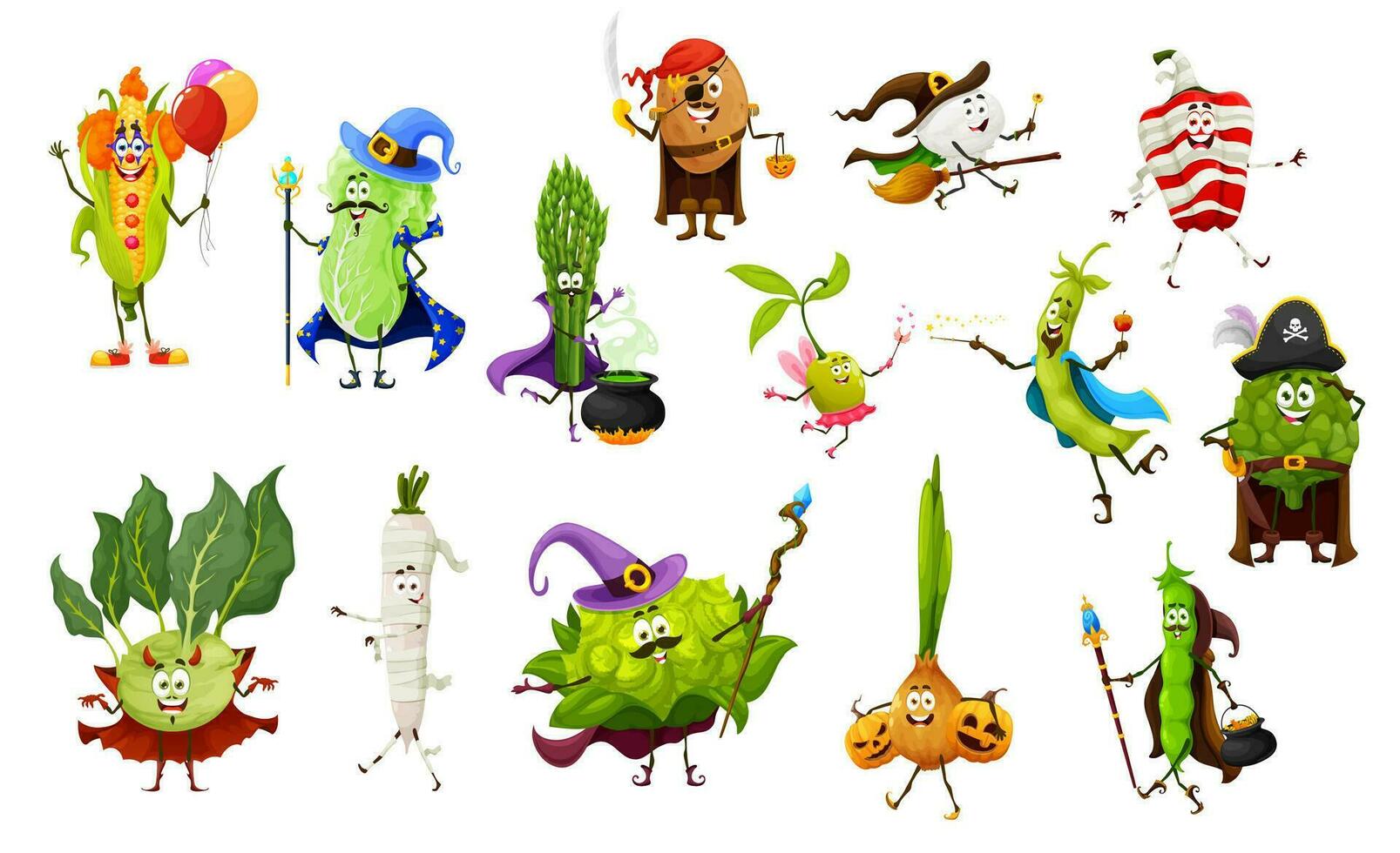 Cartoon Halloween vegetables in spooky costumes vector