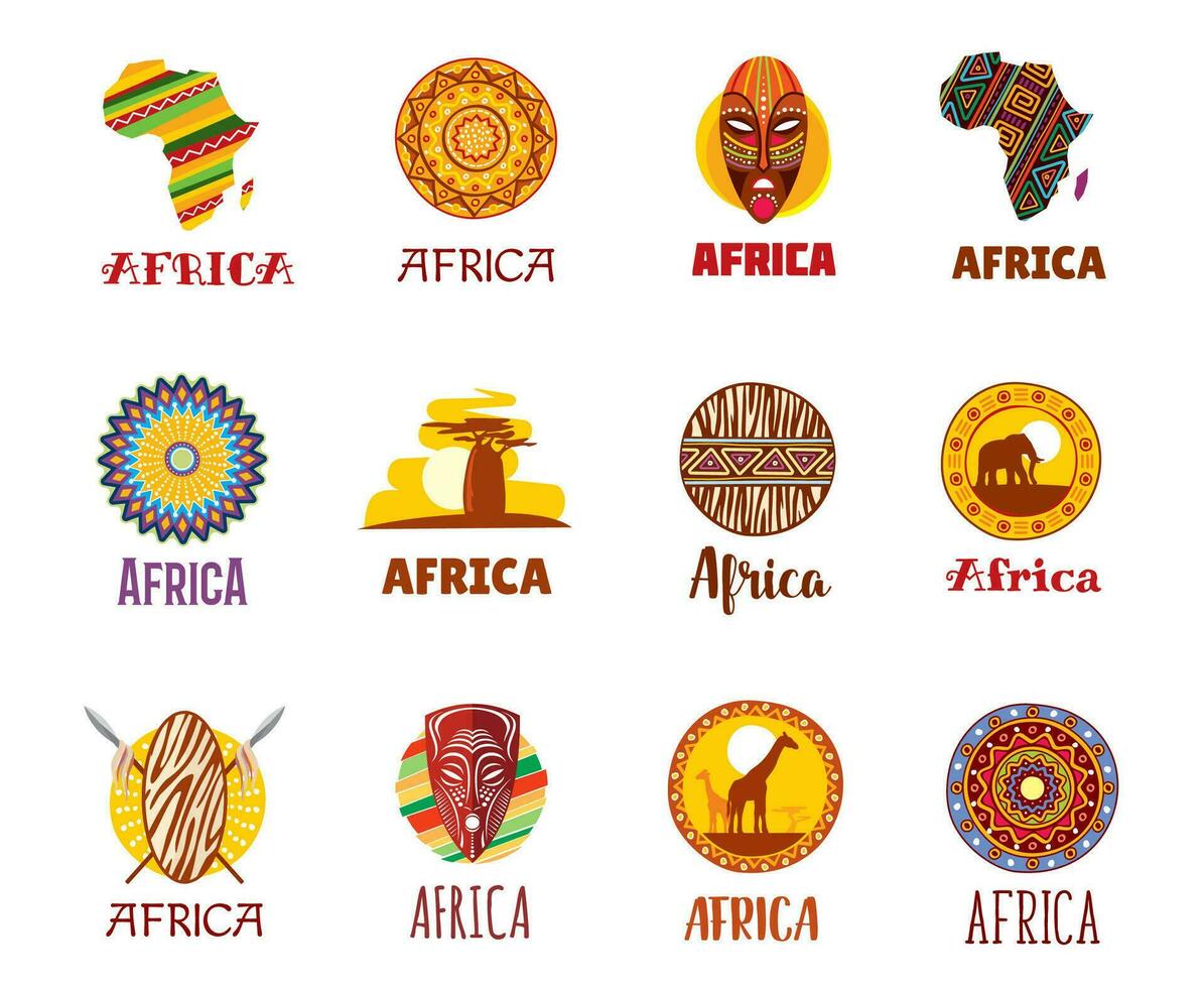 Africa icons, African travel, tourism landmarks vector