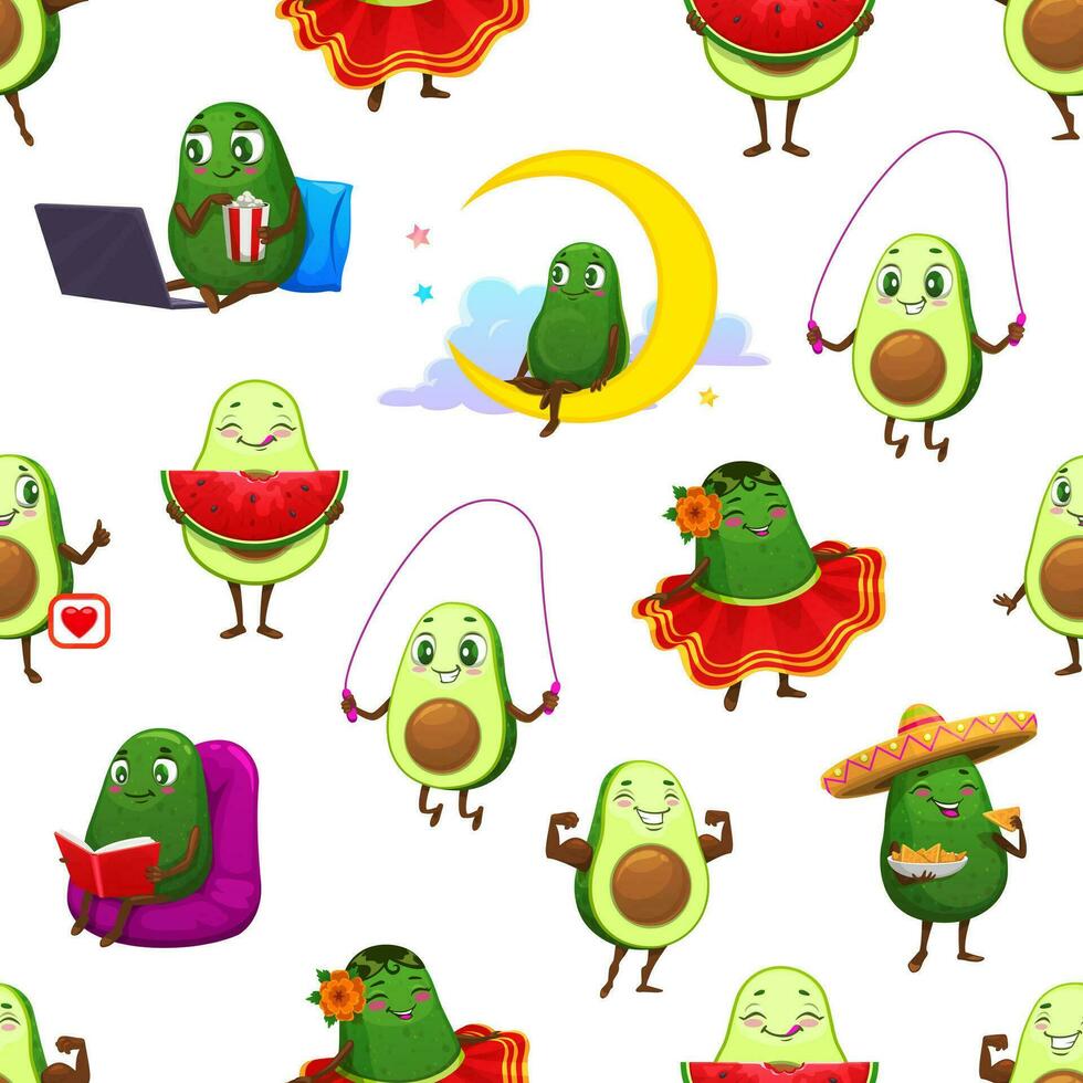 Cartoon Mexican avocado character seamless pattern vector