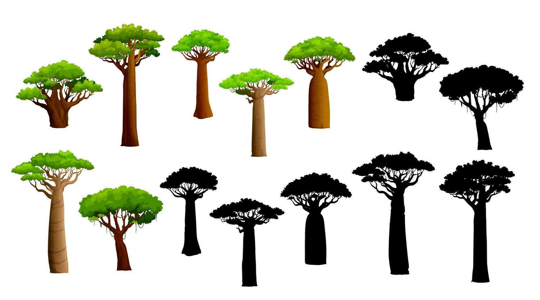 African baobab trees and silhouettes, isolated set vector