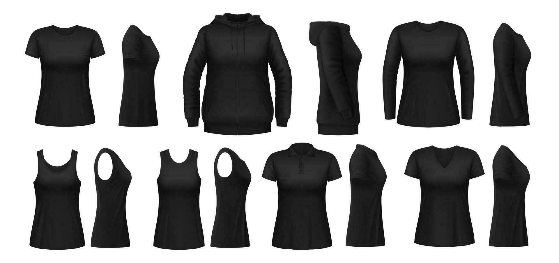 Black woman shirt, hoodie and polo vector mockups