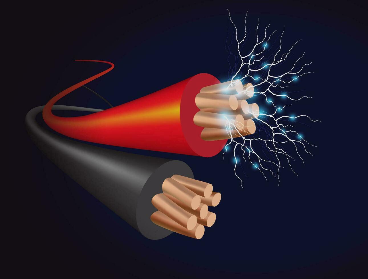 Electrical cable with copper wires, power equipment of energy industry. Vector realistic cable break or disconnect with electric discharge and sparks between stripped conductors.