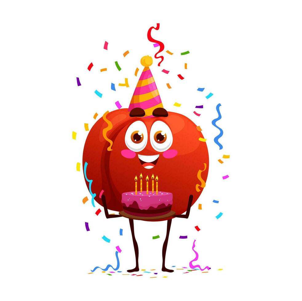 Cartoon cheerful peach fruit character on birthday vector