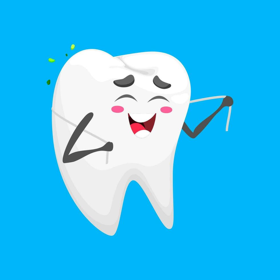 Funny cartoon tooth character with dental floss vector