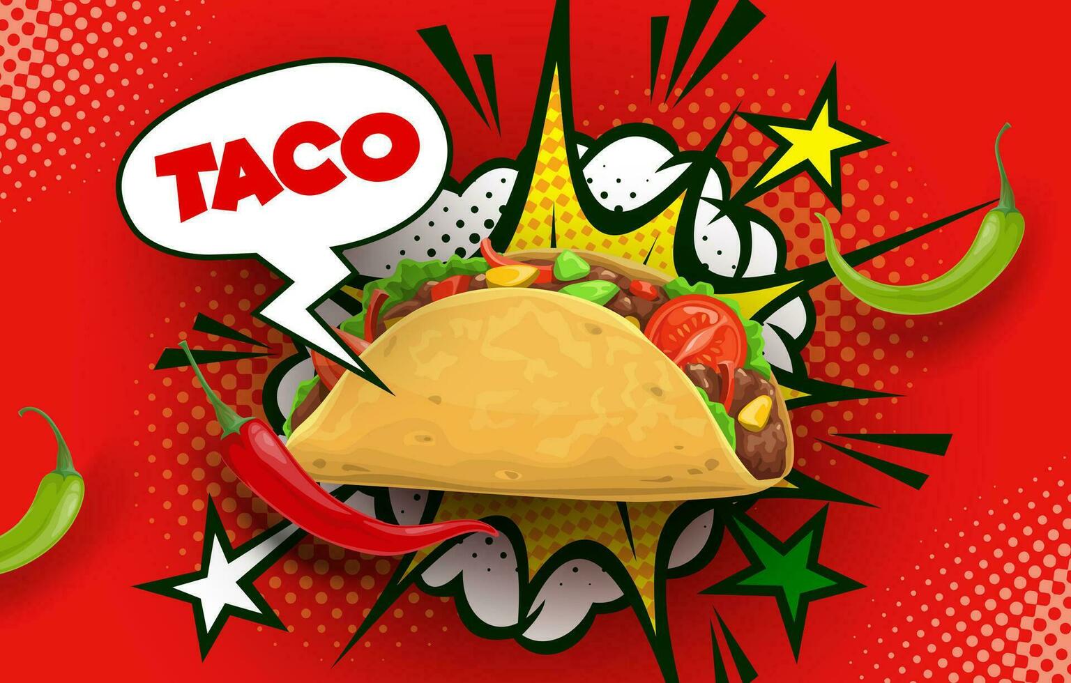 Mexican taco, halftone bubble and explosion stars vector