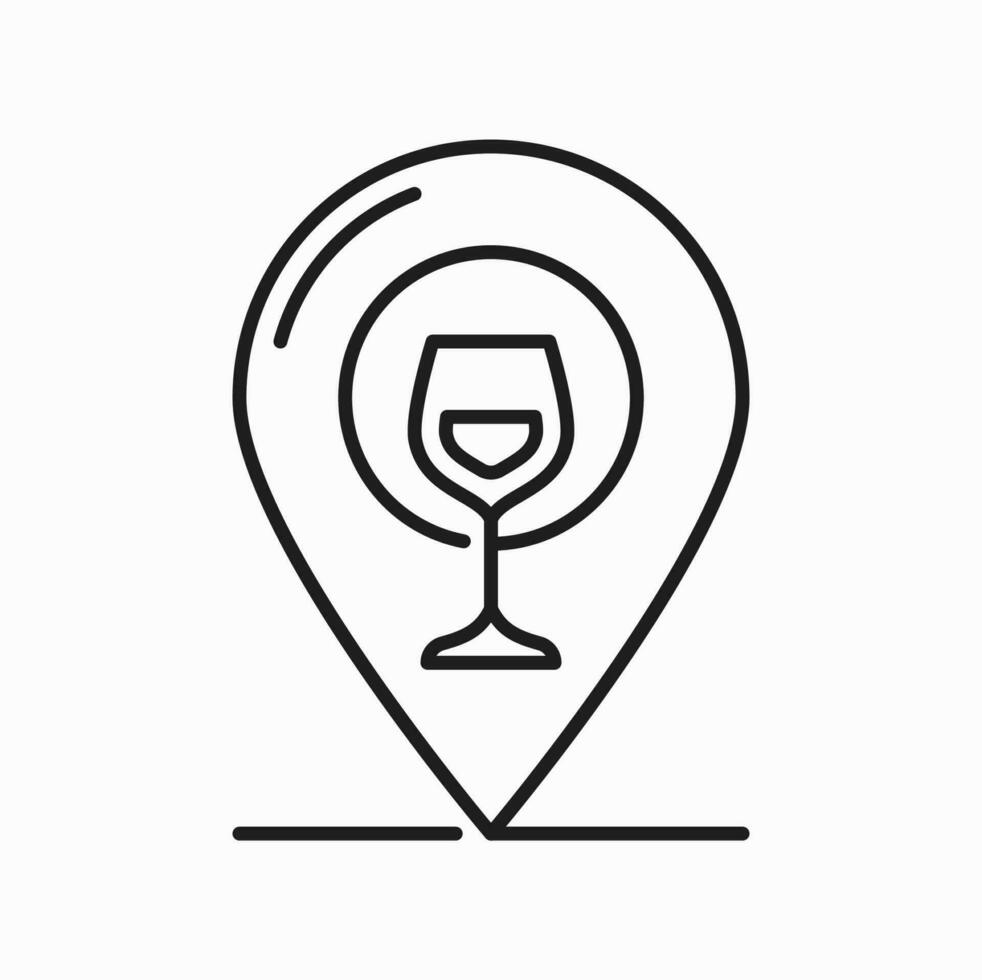 Wine glass and pin location isolated outline icon vector