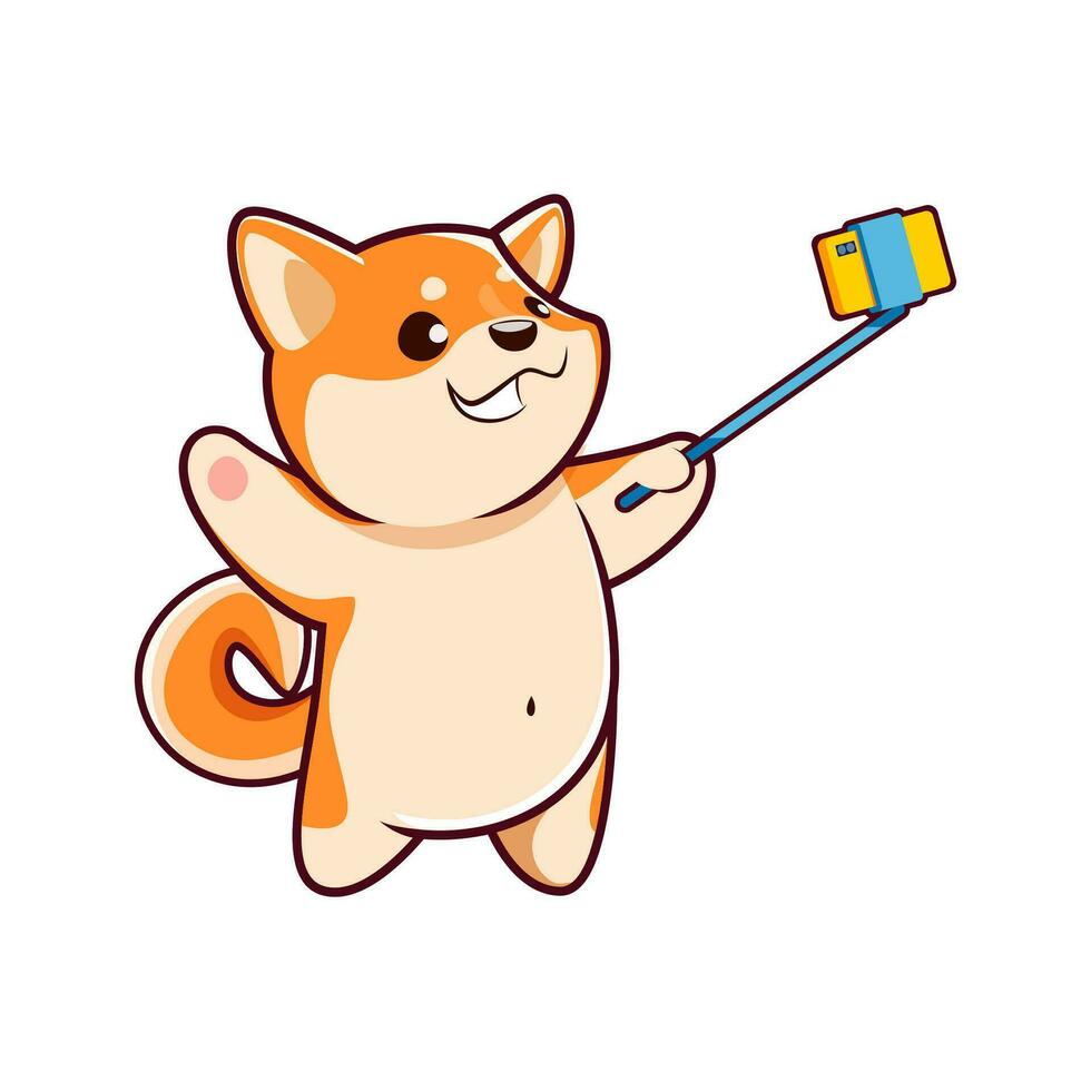dibujos animados kawaii mascota shiba inu perro chasquidos un selfie vector