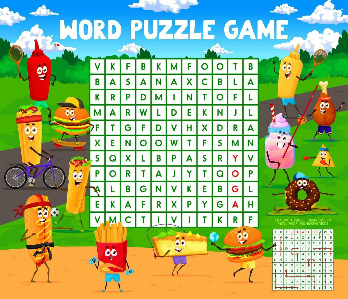 Word search game with cartoon fast food characters vector