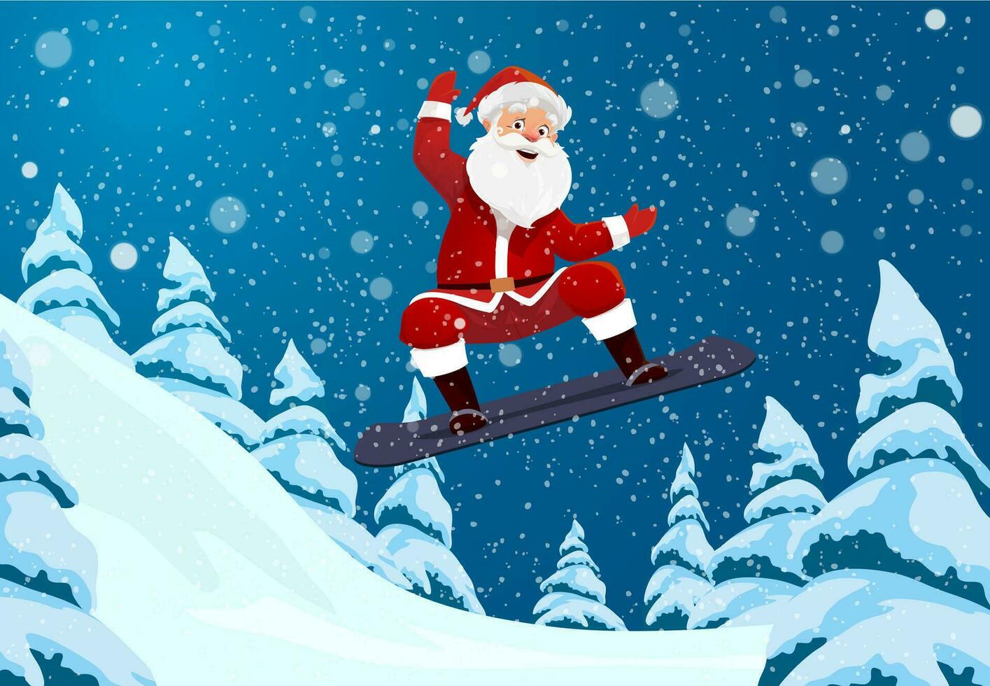 Christmas Santa character glides on snowboard vector