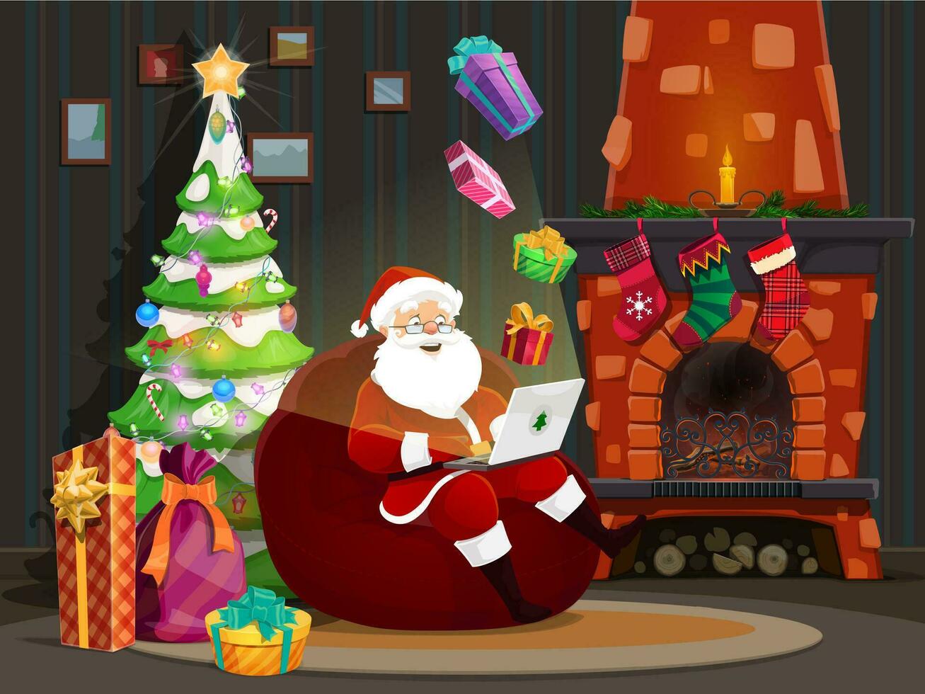 dibujos animados Navidad Papa Noel cerca hogar con ordenador portátil vector