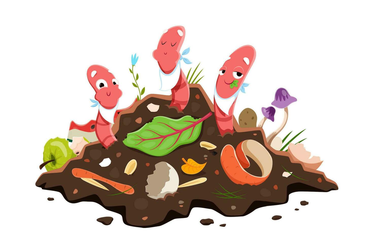 Cartoon earth worm characters eating compost soil vector