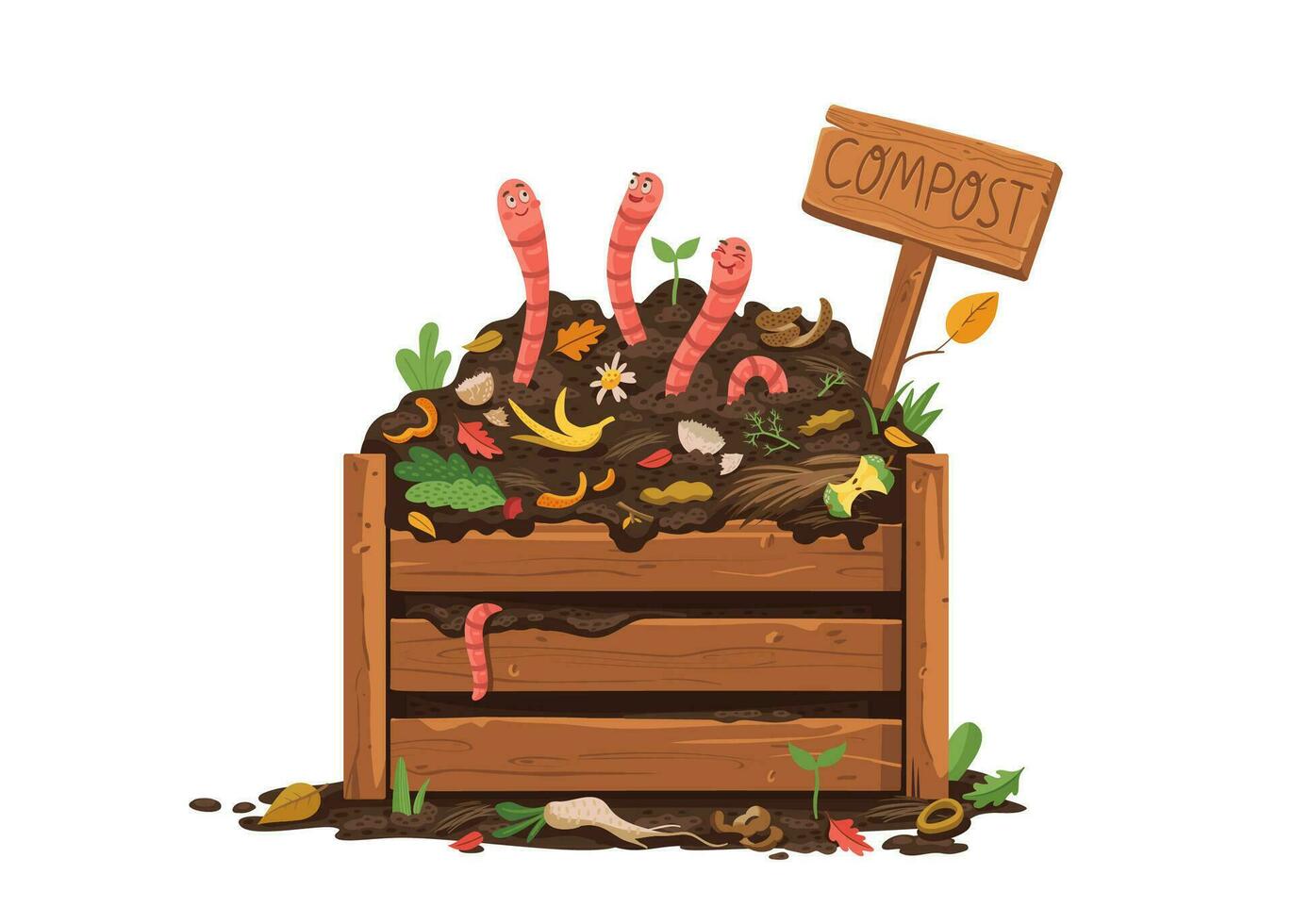 Cartoon funny earth worms in wooden compost box vector