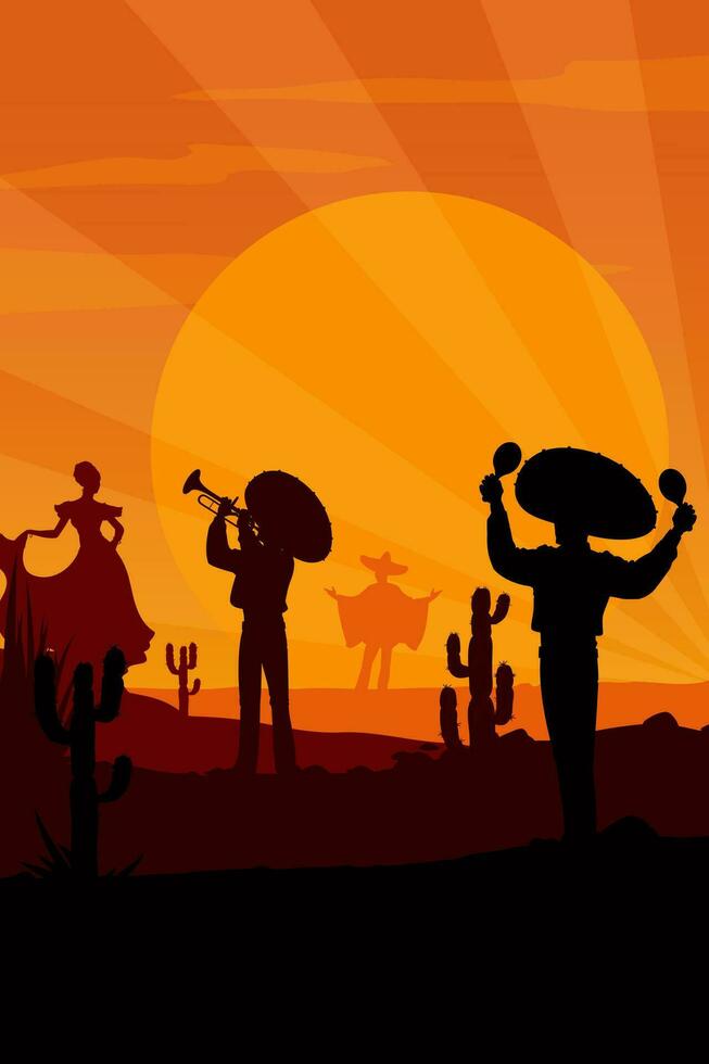 Mariachi and dancing woman silhouettes at sunset vector