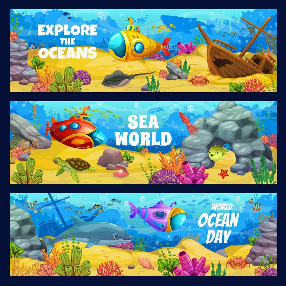 Cartoon underwater landscape, ocean day, sea world vector