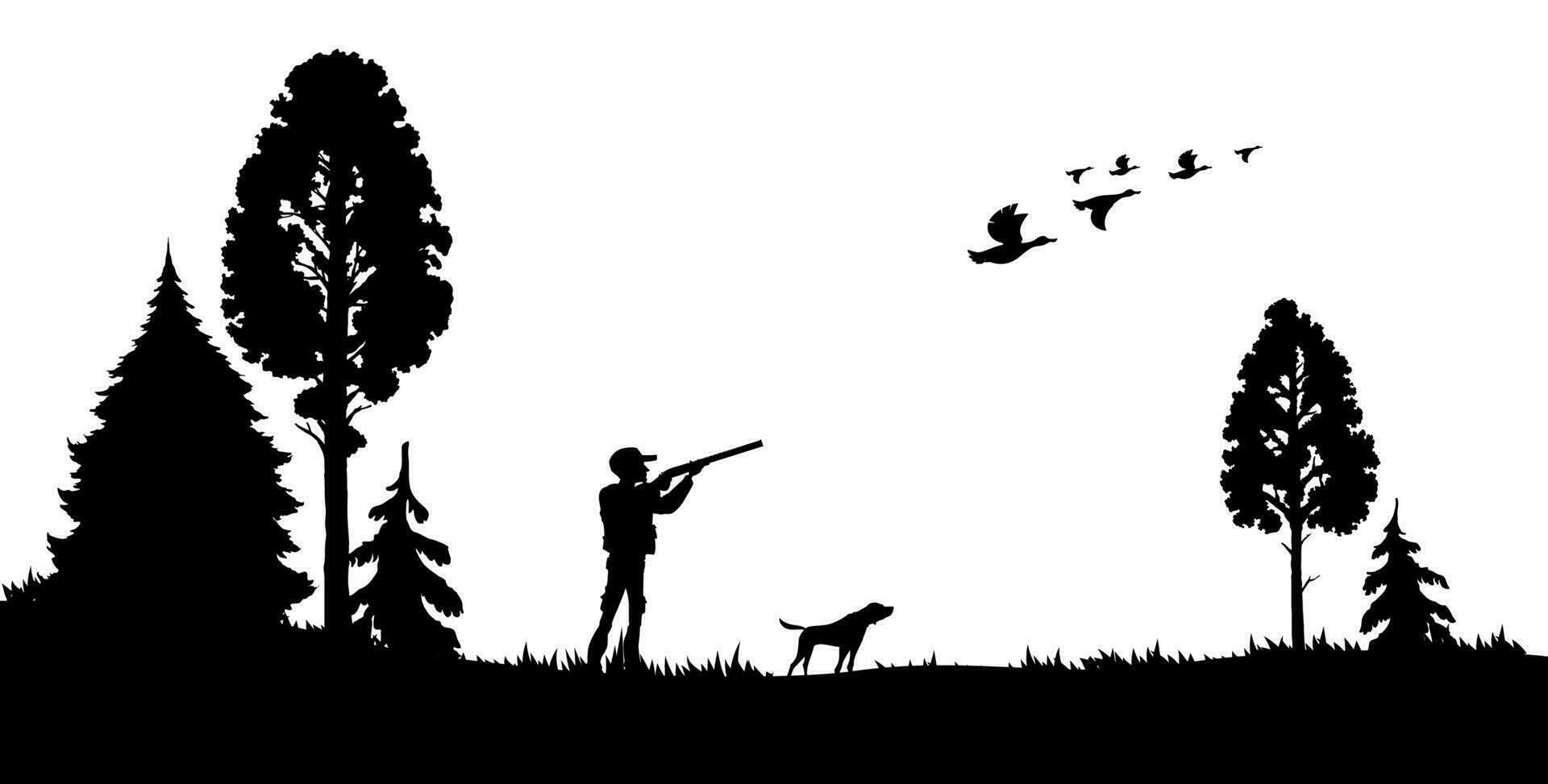 siluetas de cazador con escopeta, perro y Pato vector