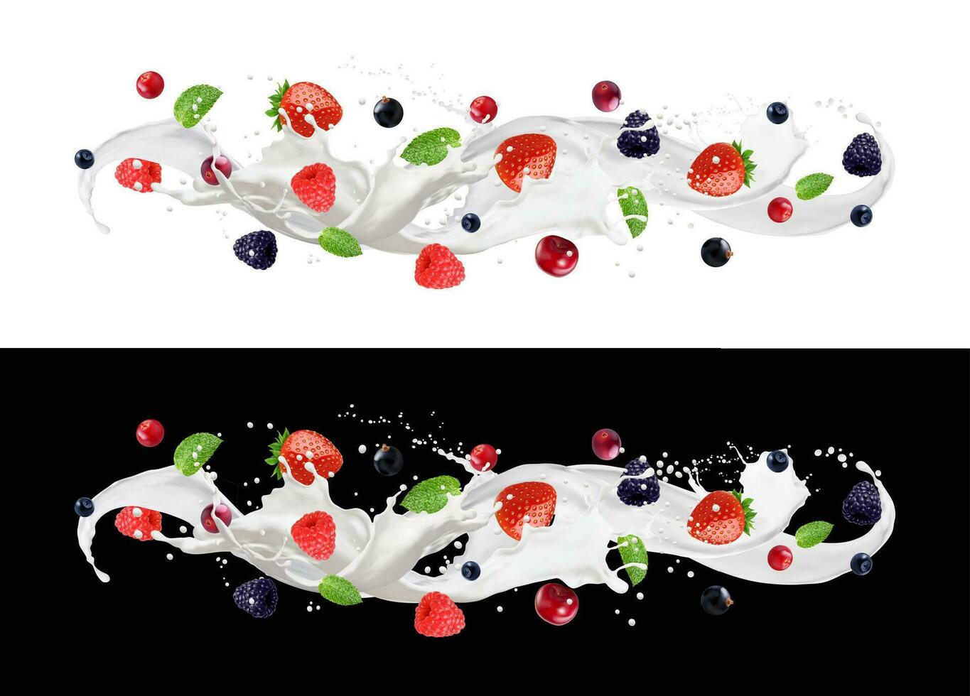 Milk or yogurt splash wave with fresh berries vector