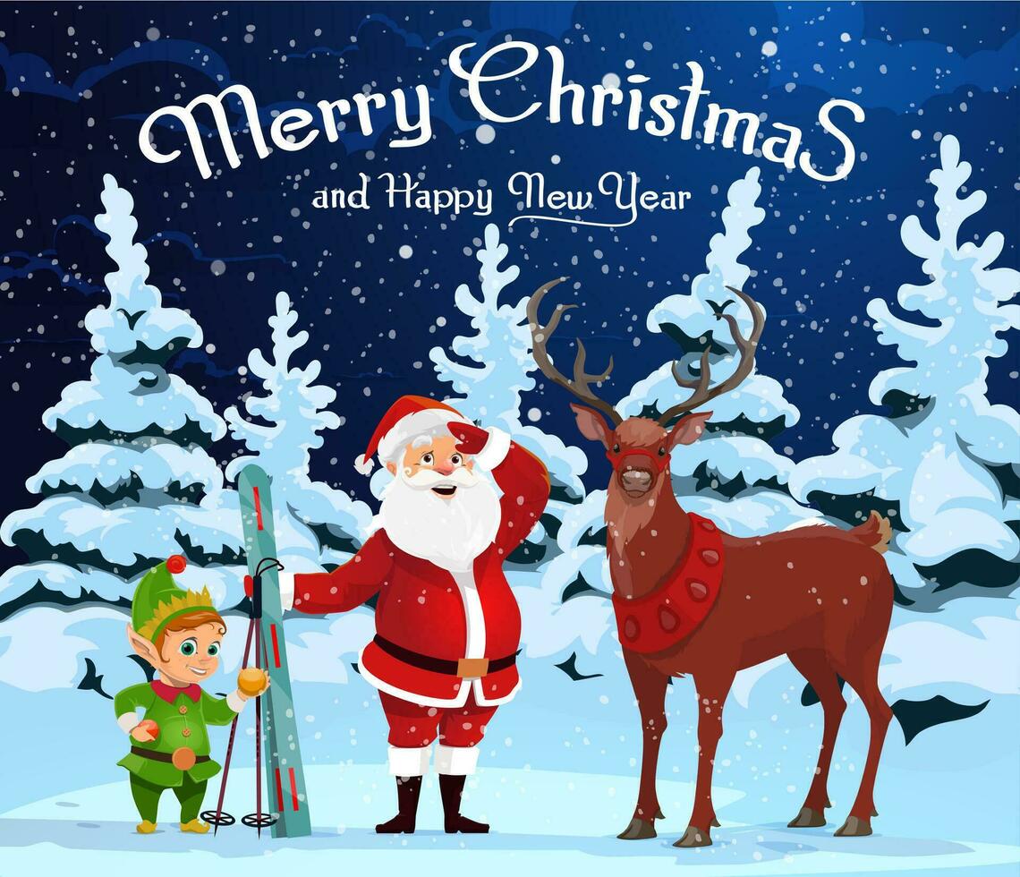 Christmas Santa stands with skis, elf and deer vector
