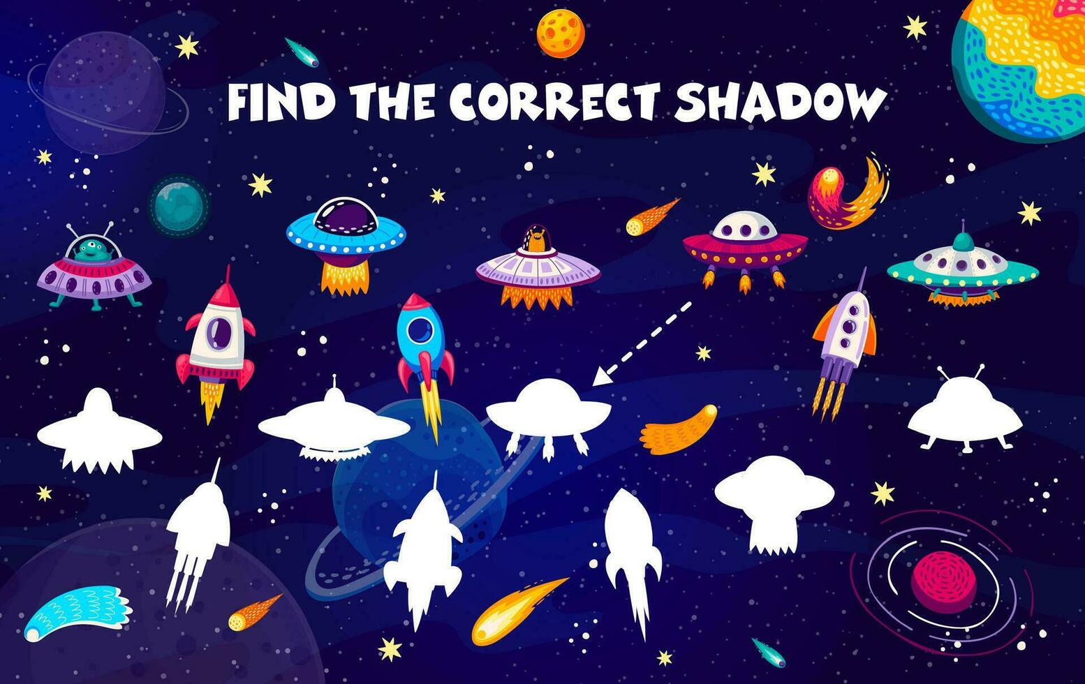 Find correct shadow of rocket and UFO game quiz vector