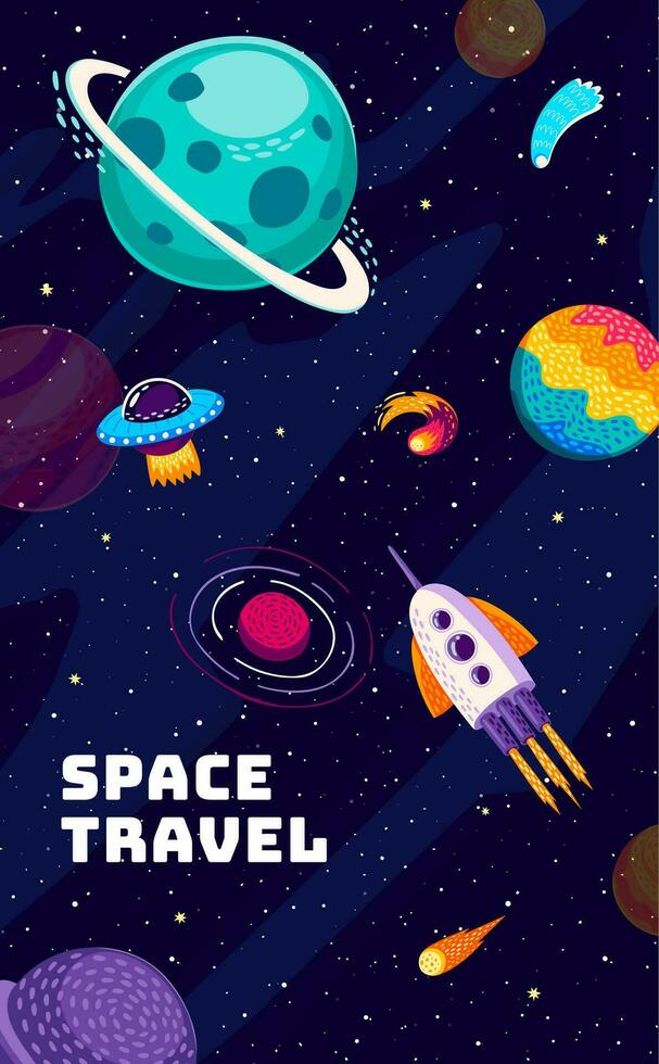 Space travel banner with UFO and rocket, planets vector