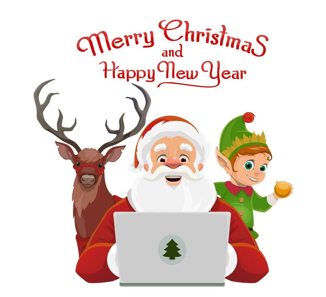 dibujos animados Navidad Papa Noel con computadora portátil, ciervo y duende vector