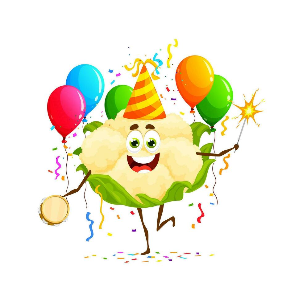 gracioso coliflor vegetal personaje en cumpleaños vector