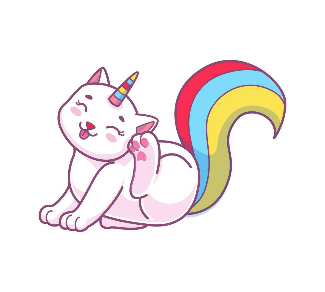 Cute kawaii caticorn, happy kitten scratching ear vector