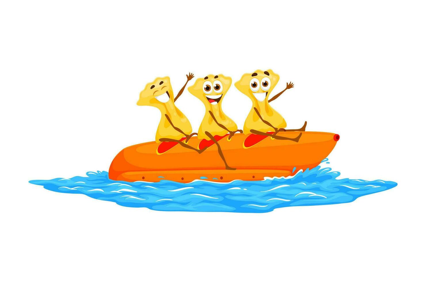 Cartoon farfalle pasta characters ride banana boat vector