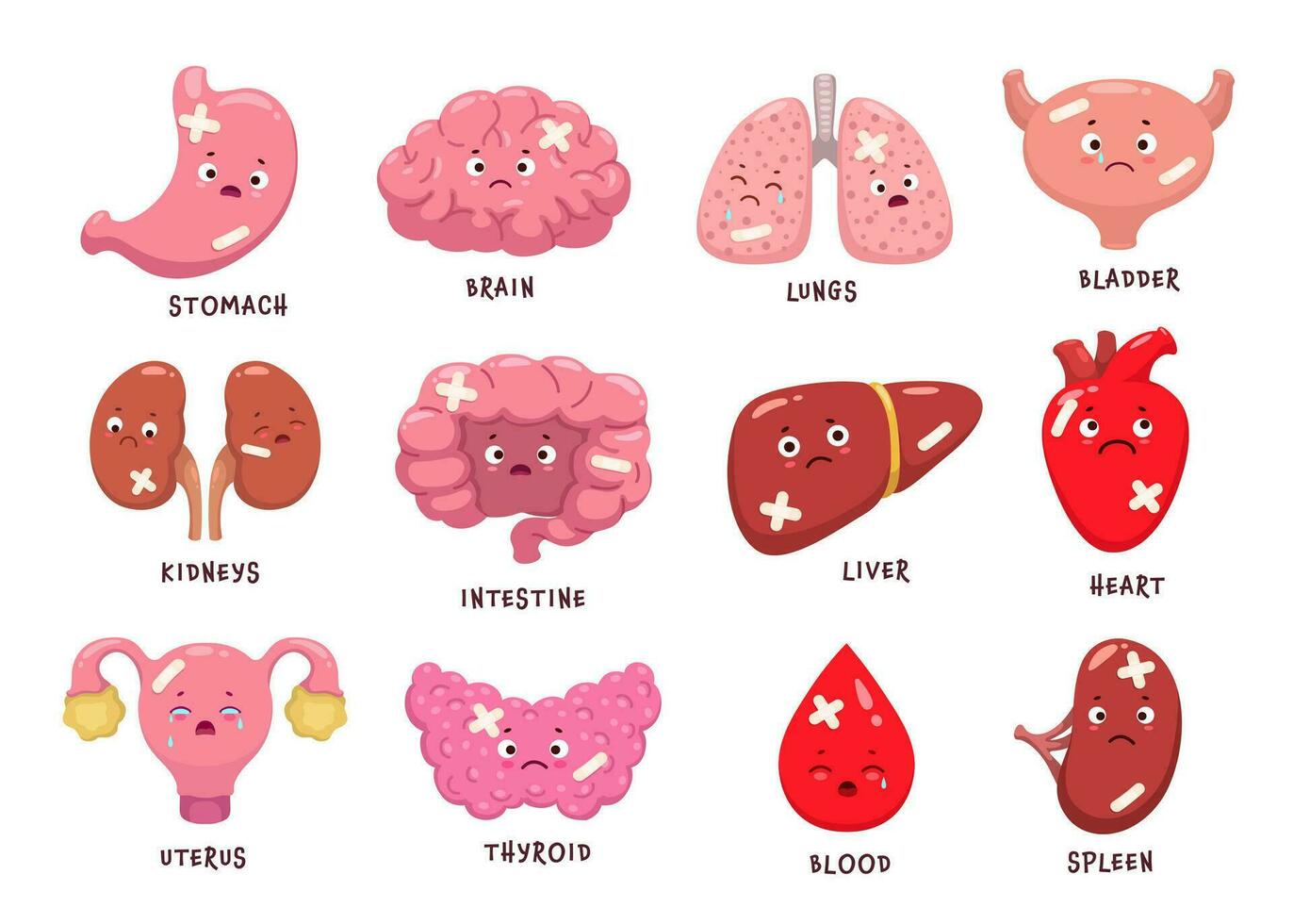dibujos animados enfermo cuerpo Organo caracteres, humano anatomía vector