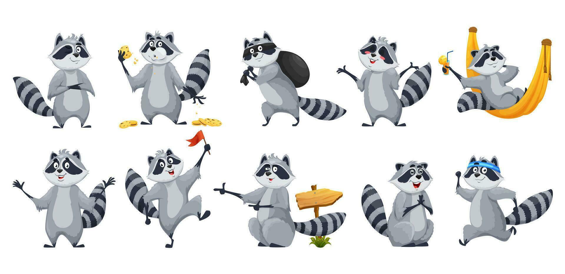 Cartoon raccoon characters. Cute racoon animals vector