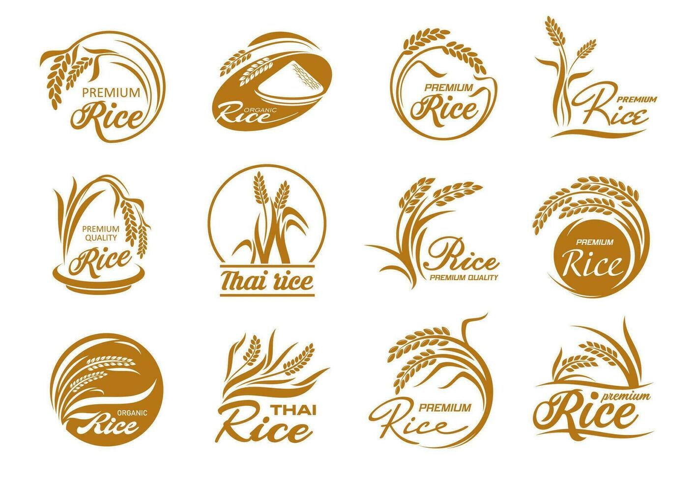 Rice icons with cereal plants and paddy grains vector