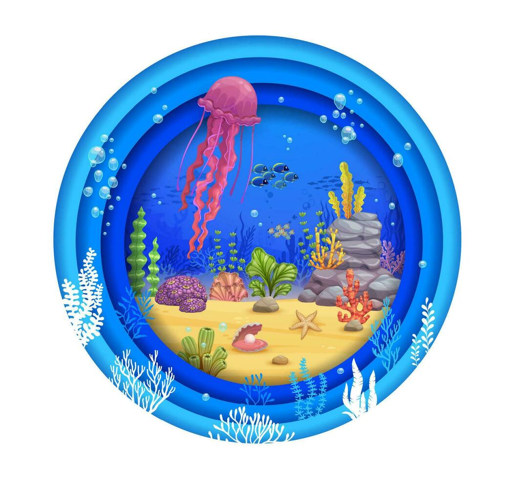 Cartoon jellyfish, fish shoal and sea paper cut vector
