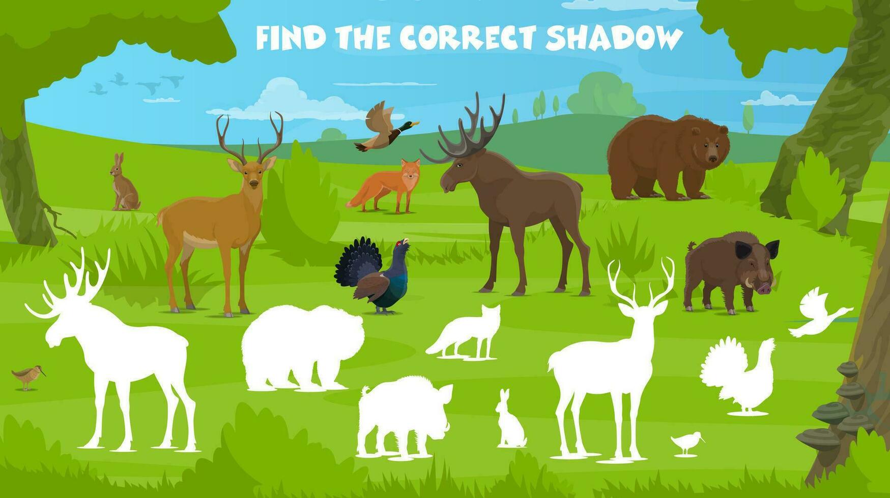 encontrar correcto sombra juego, bosque caza animales vector