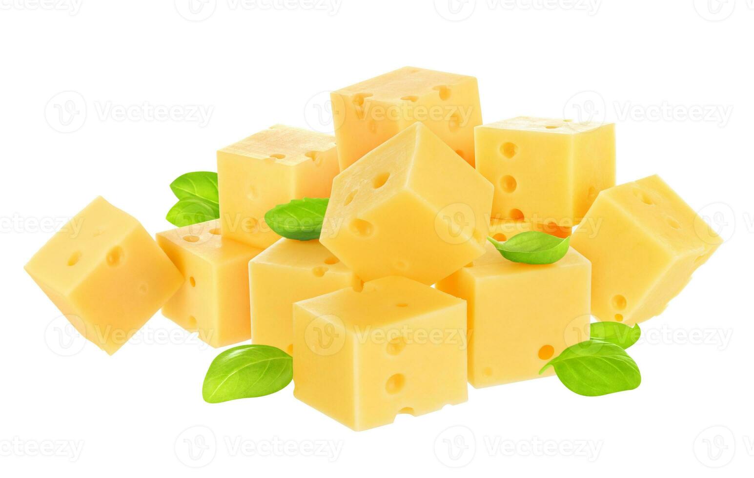 Cubes of cheese isolated on white photo