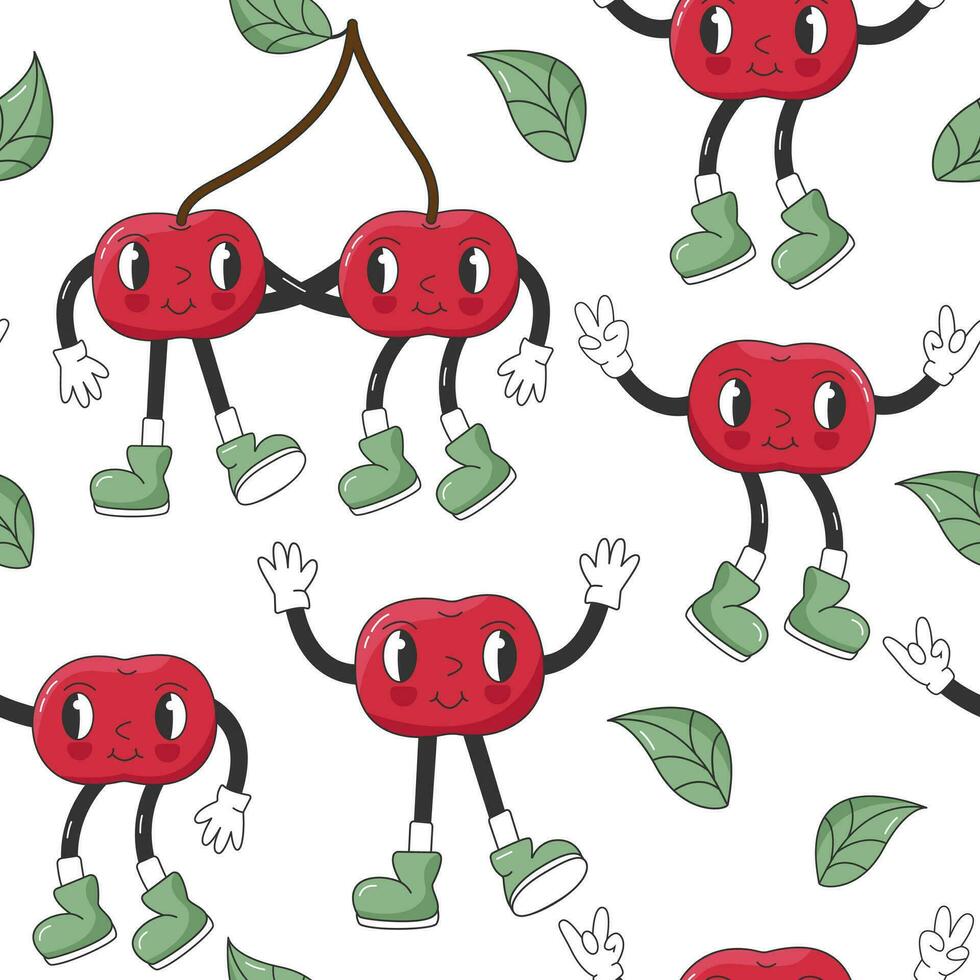 Funny Retro Groovy Pattern with Cartoon Hippie Characters. Comic Cherries with faces, hands and legs. Groovy Summer Vector Berry Print. Sweet Juicy Fresh Fruits.