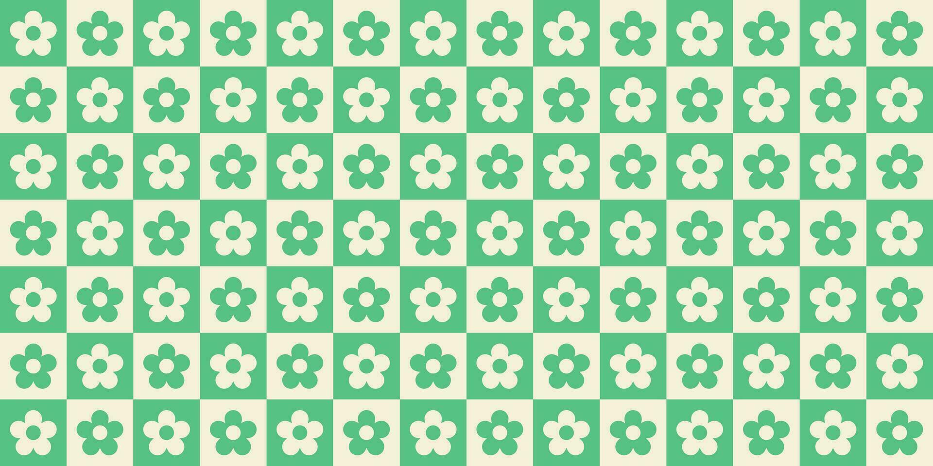 Retro checkered seamless pattern with floral elements. Vector illustration of pastel colors in style 70s, 80s.