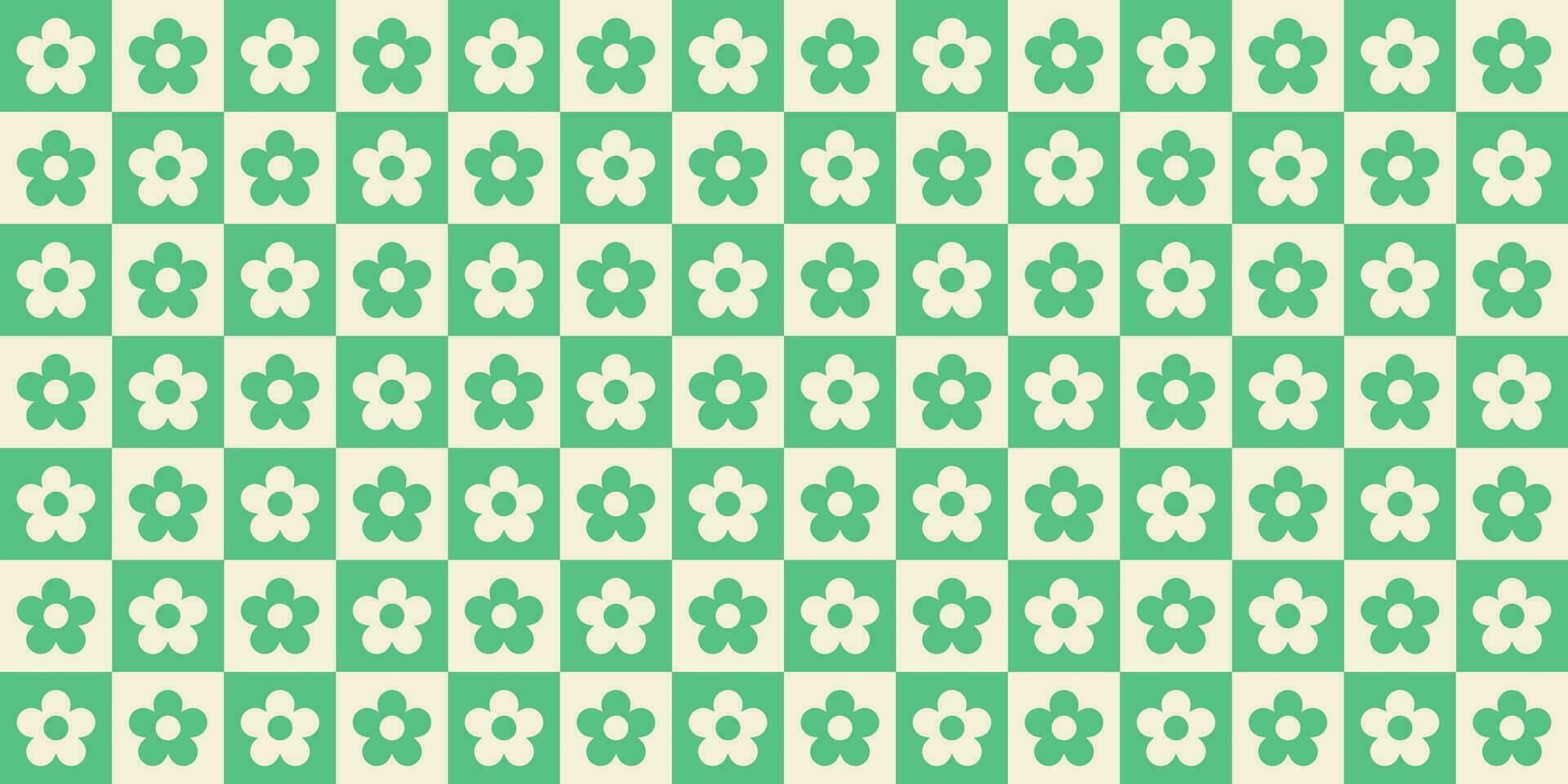 Retro checkered seamless pattern with floral elements. Vector illustration of pastel colors in style 70s, 80s.