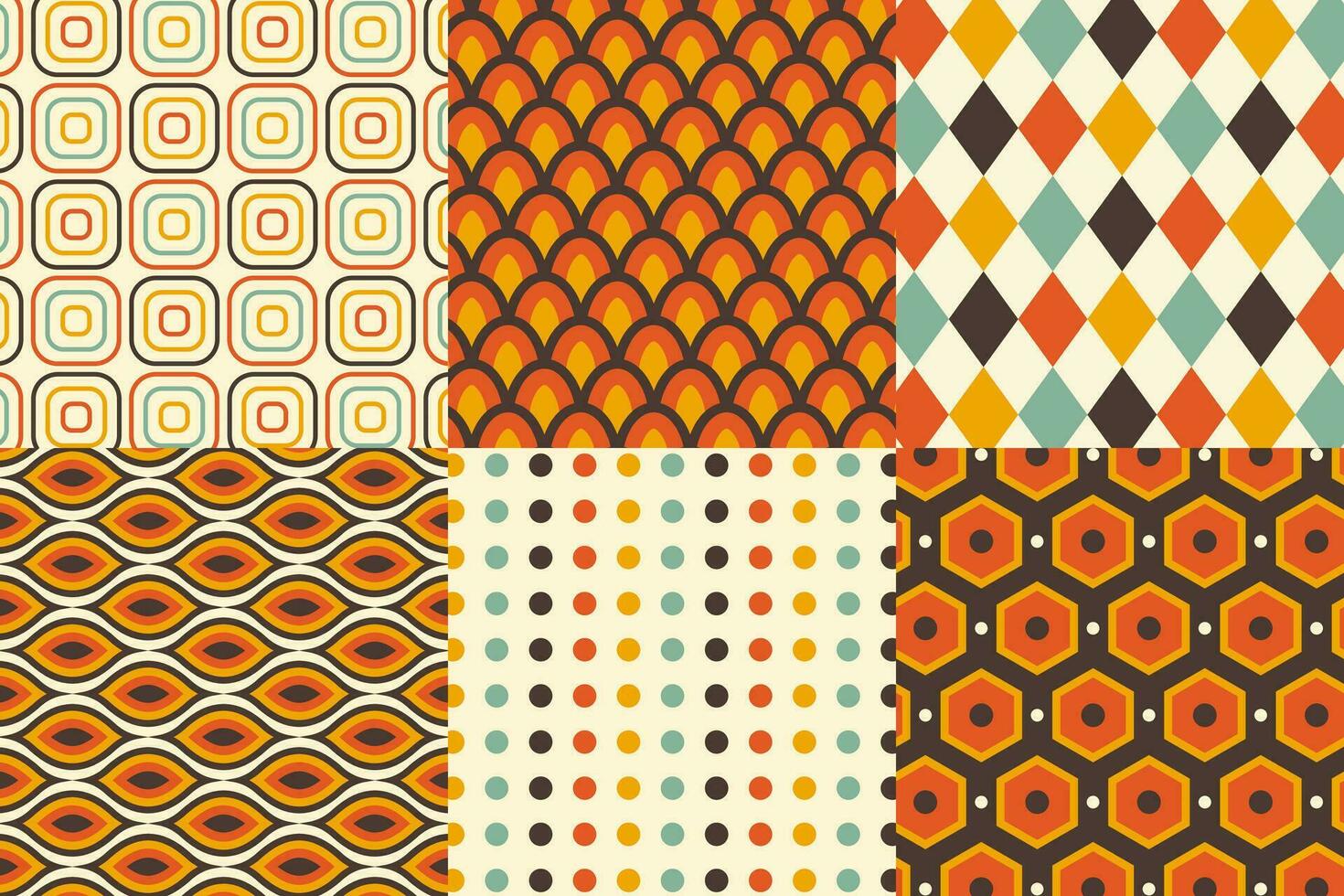 Set of pattern in retro style. Abstract texture decorative 50's, 60's, 70's style. Can be used for fabric, wallpaper, textile, wall decoration. Vector illustration