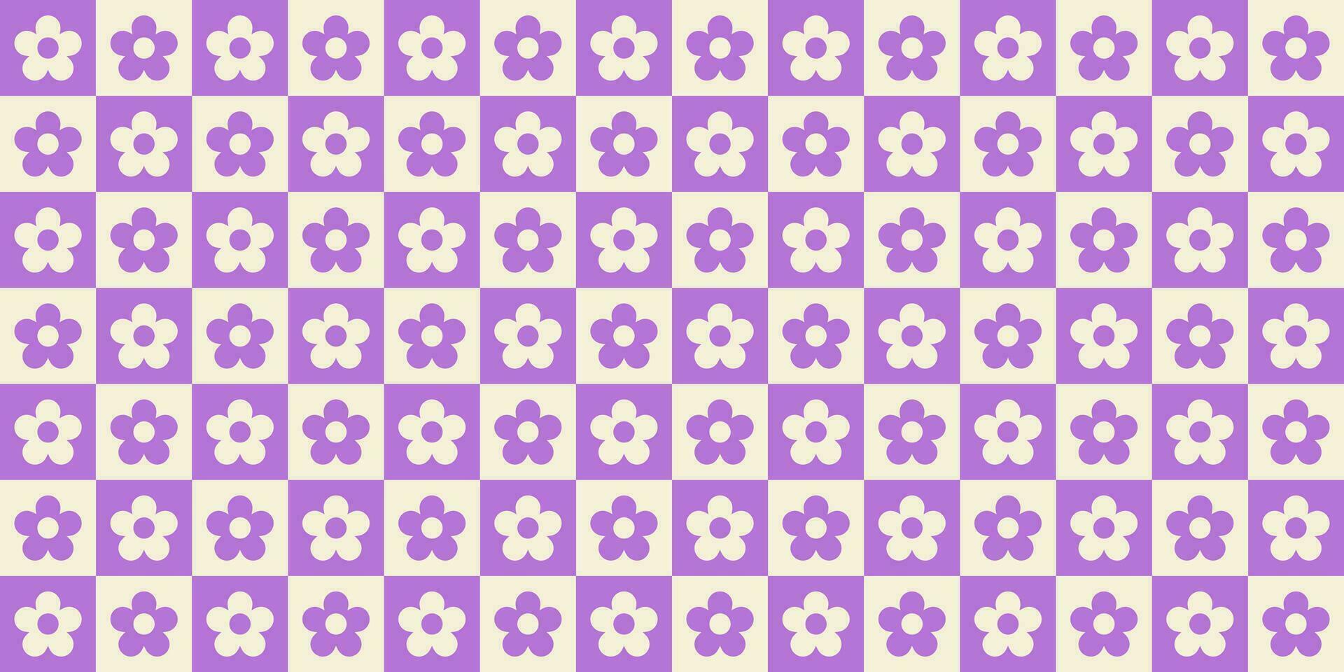 Retro checkered seamless pattern with floral elements. Vector illustration of pastel colors in style 70s, 80s.