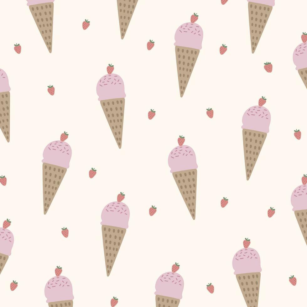 Pattern of ice cream and strawberry in pastel colors. Can be used for fabrics, wallpapers, textiles, wrapping. vector