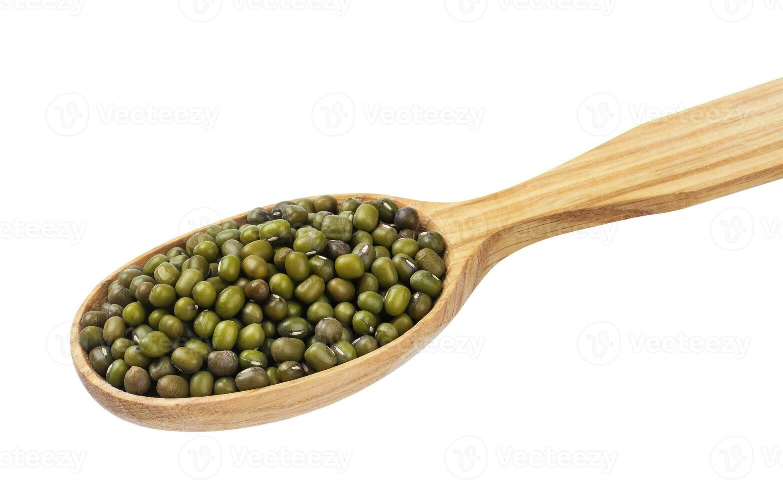 Green mung in wooden spoon isolated on white background photo