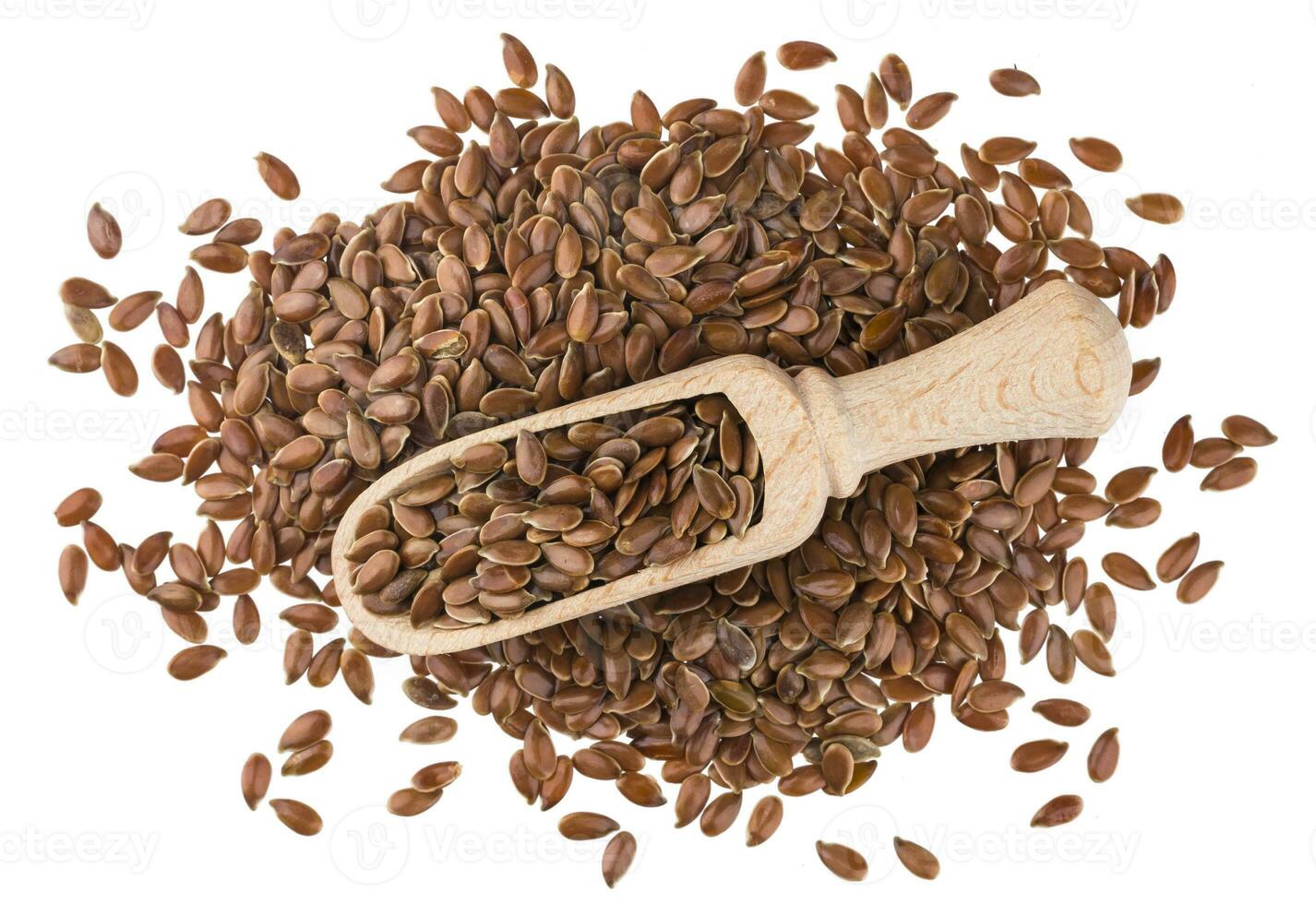 Flax seeds in wooden scoop isolated on white background photo