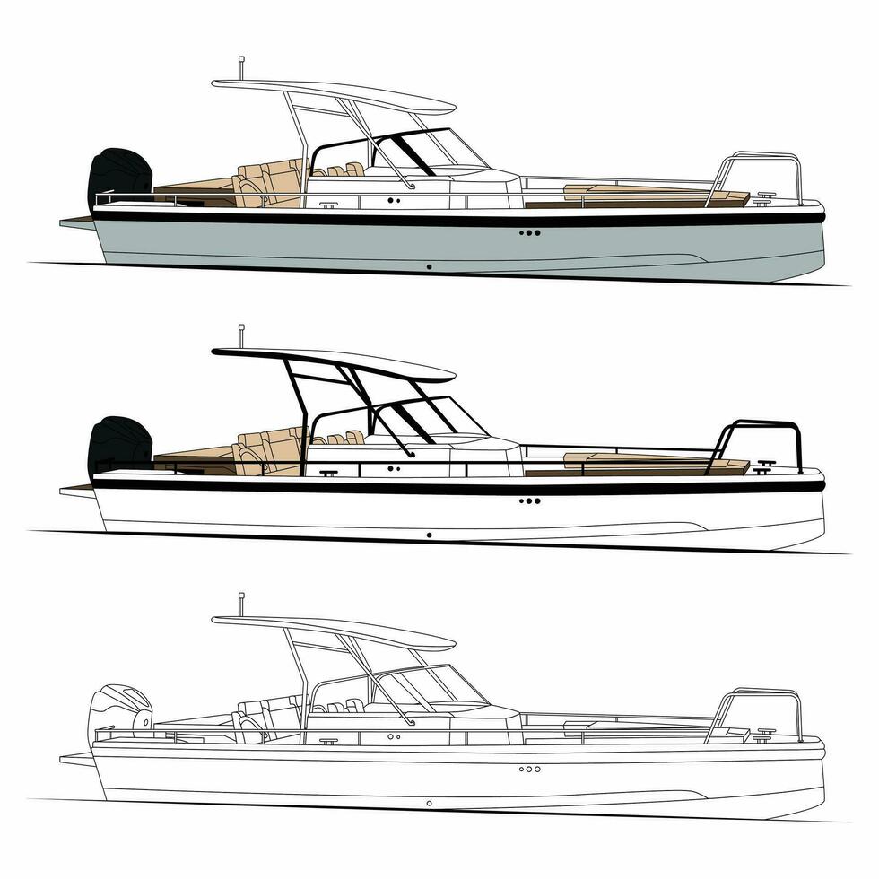 Fishing boat vector, motorboat vector,line art and one color vector