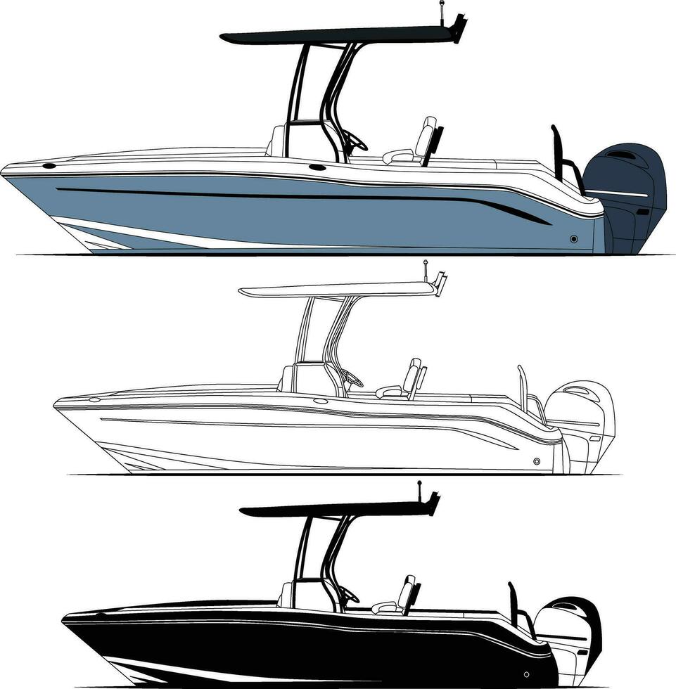 Fishing boat vector, motorboat vector,line art and one color vector