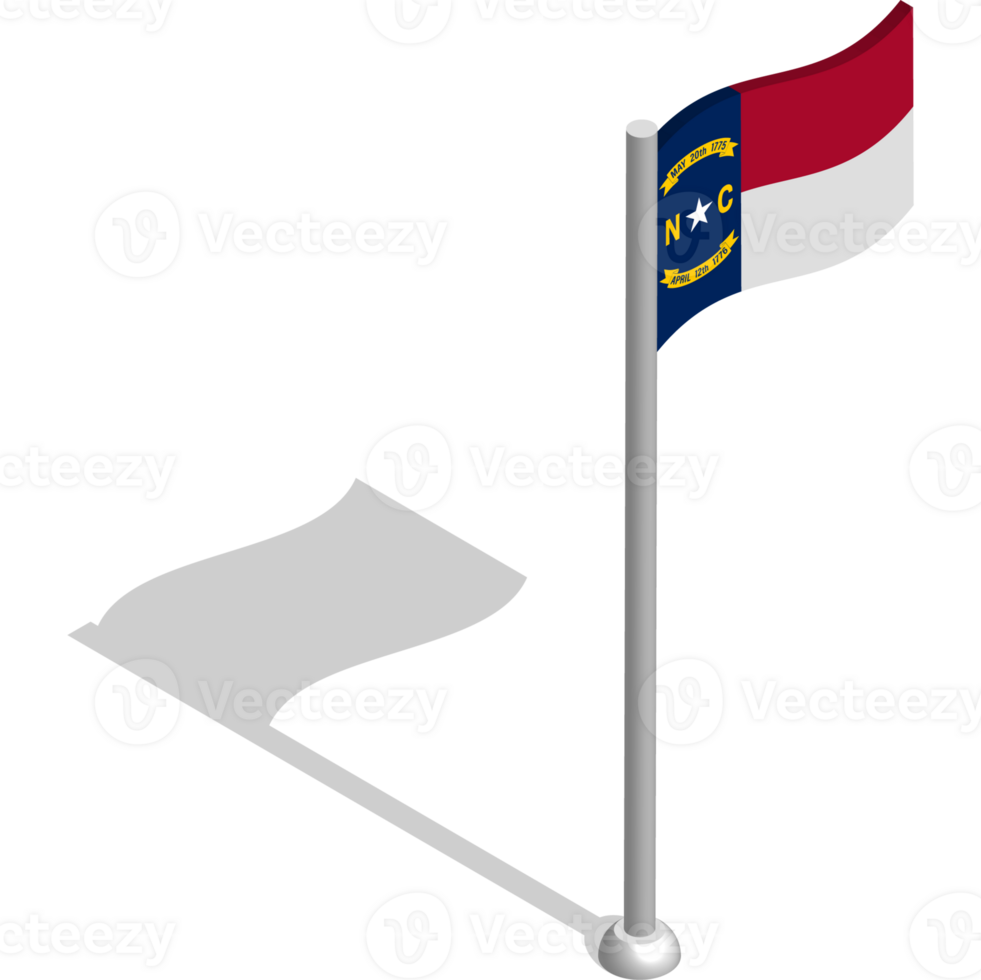 Isometric flag of american state of North Carolina in motion on flagpole. National banner flutters in wind. PNG image on transparent background