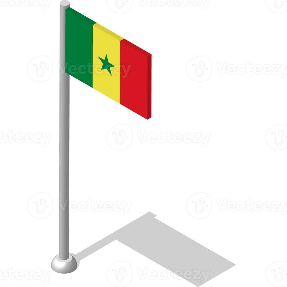 Isometric flag of Republic of SENEGAL in static position on flagpole. National banner of country in static, even position. PNG image on transparent background